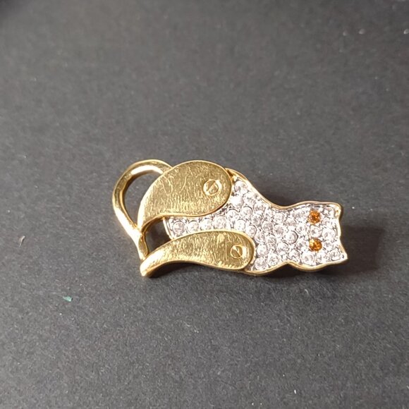 Very Cool Gold Tone Cat Brooch With Clear Stones - Picture 8 of 10